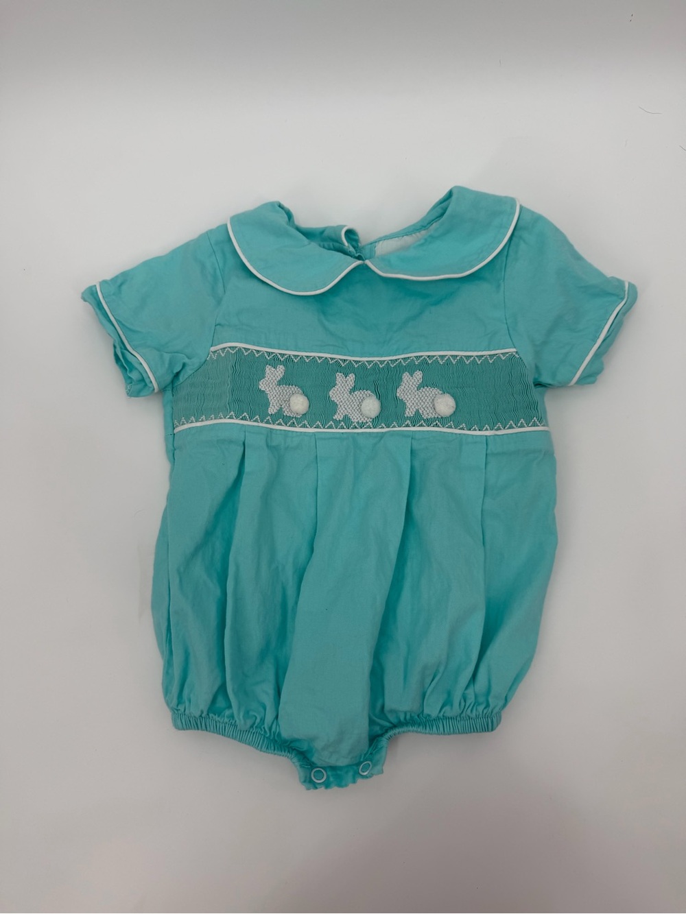 Pleats & Stitches Smocked Easter Bunny Bubble Romper Baby 12M Aqua Mint Cotton